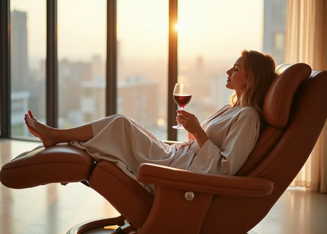 Elegant woman in a silk robe sinking into a tan leather zero-gravity recliner with a glass of red wine