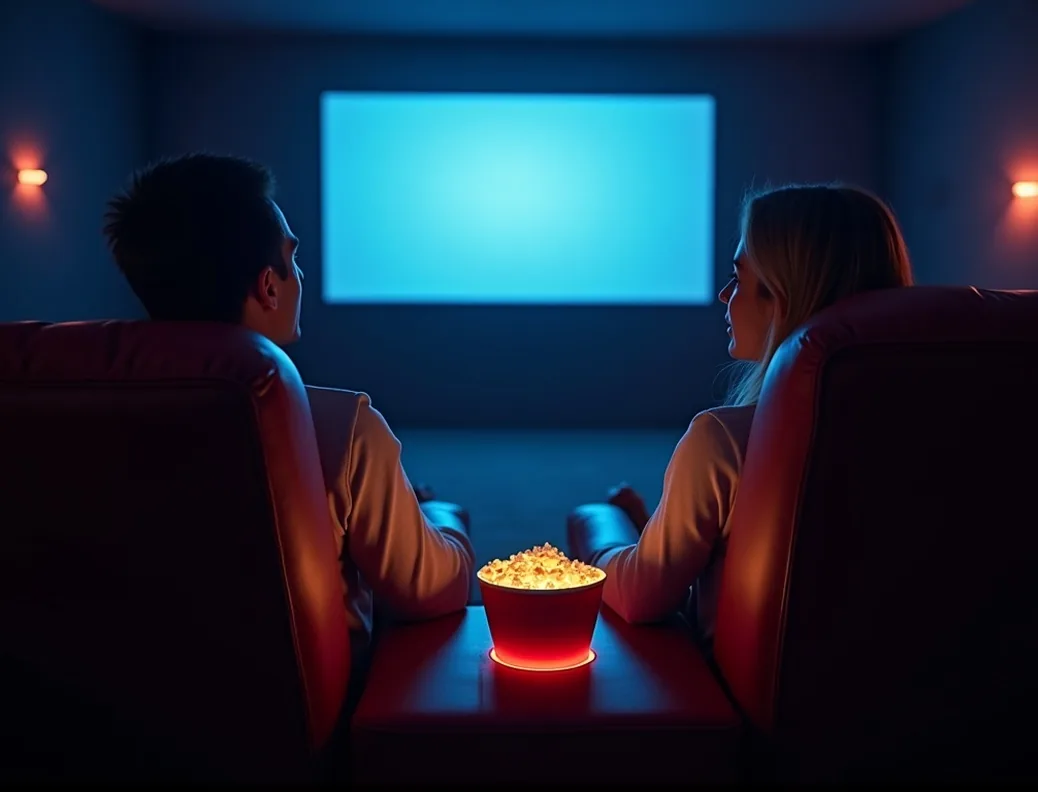Couple relaxing in reclined burgundy leather cinema seats in a dimly lit luxury home theater at night