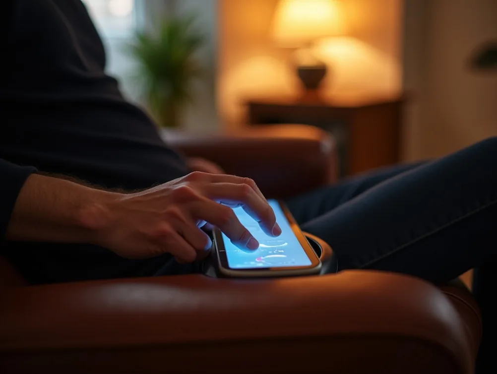 Man's hand pressing a backlit touch control panel on a leather armchair armrest
