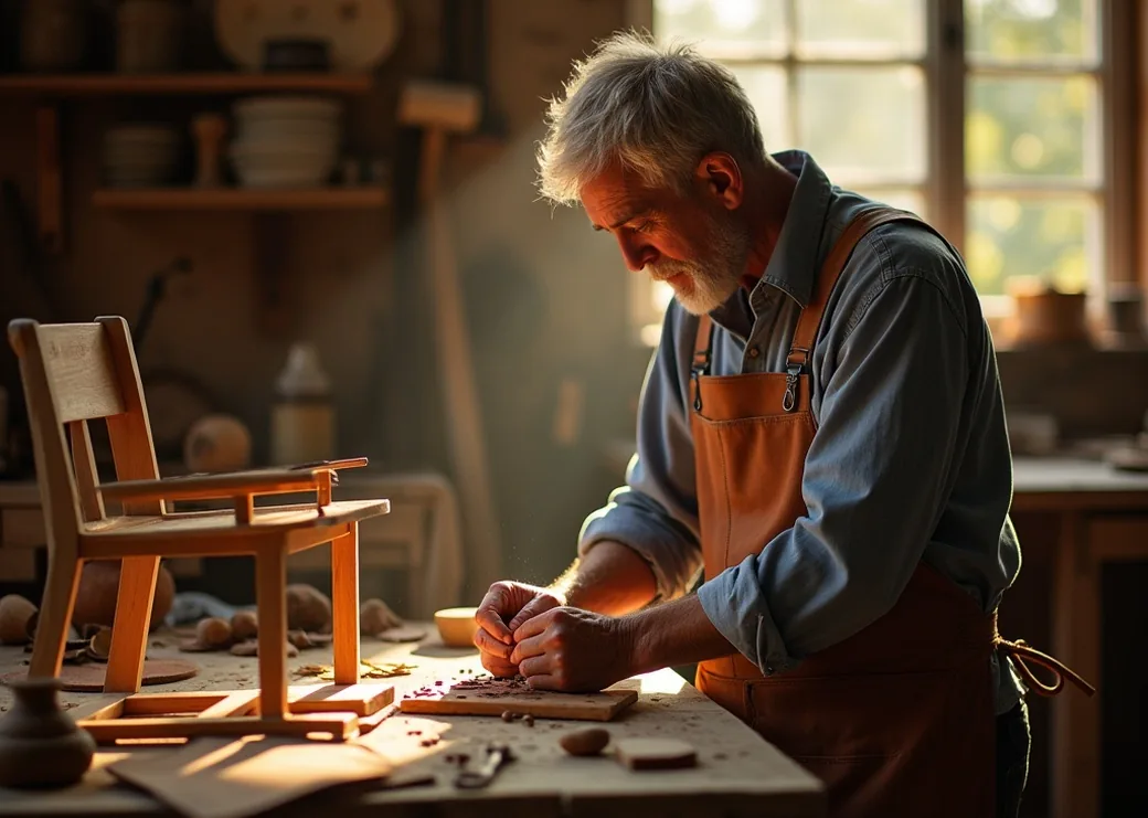 Craftsman in a leather apron stitching Capitonne buttons by hand on a beech wood chair frame