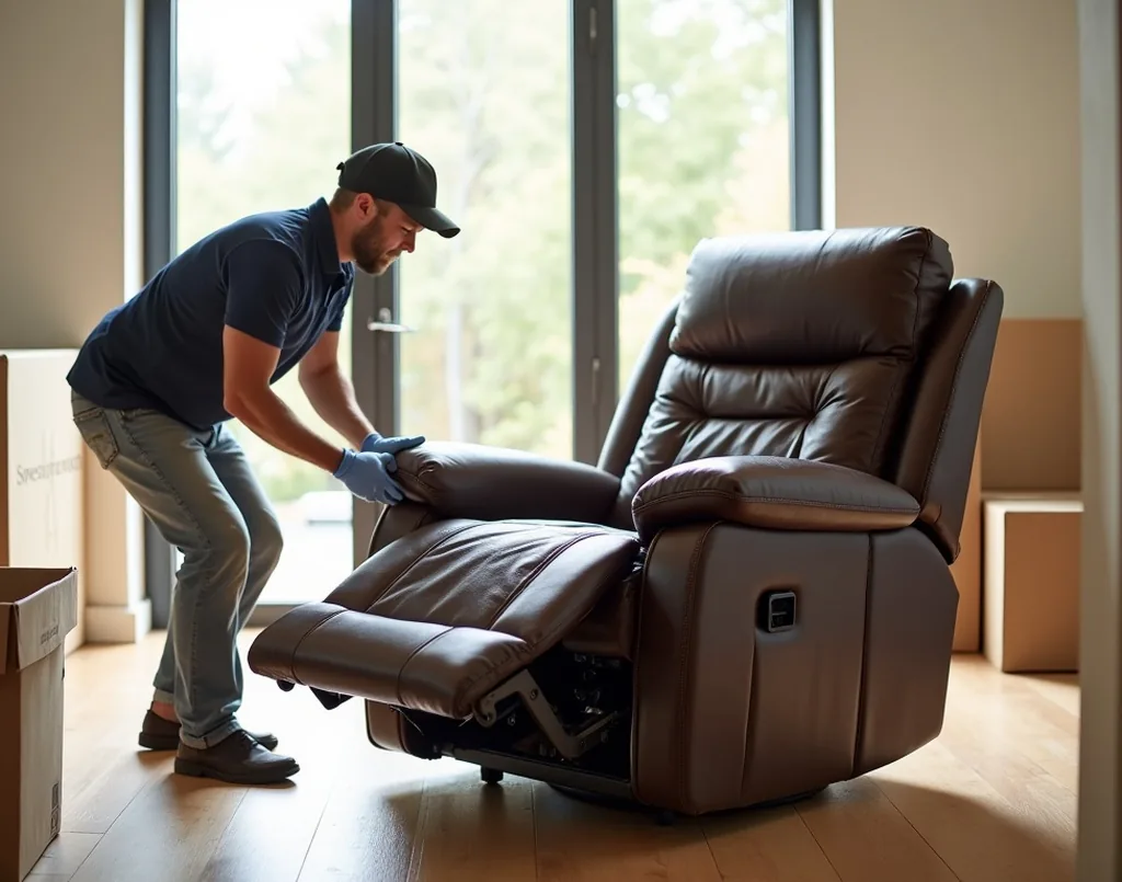 Delivery technician in gloves carefully positioning a large quilted leather recliner in a spacious room