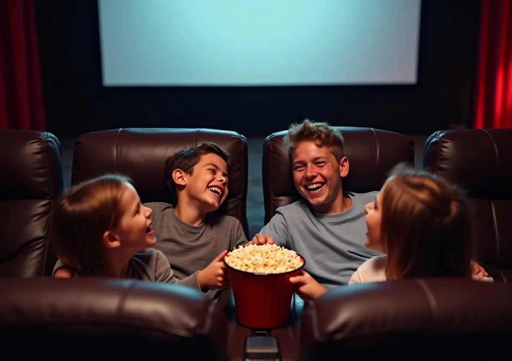 Family of four laughing together across a row of connected dark chocolate leather cinema recliners