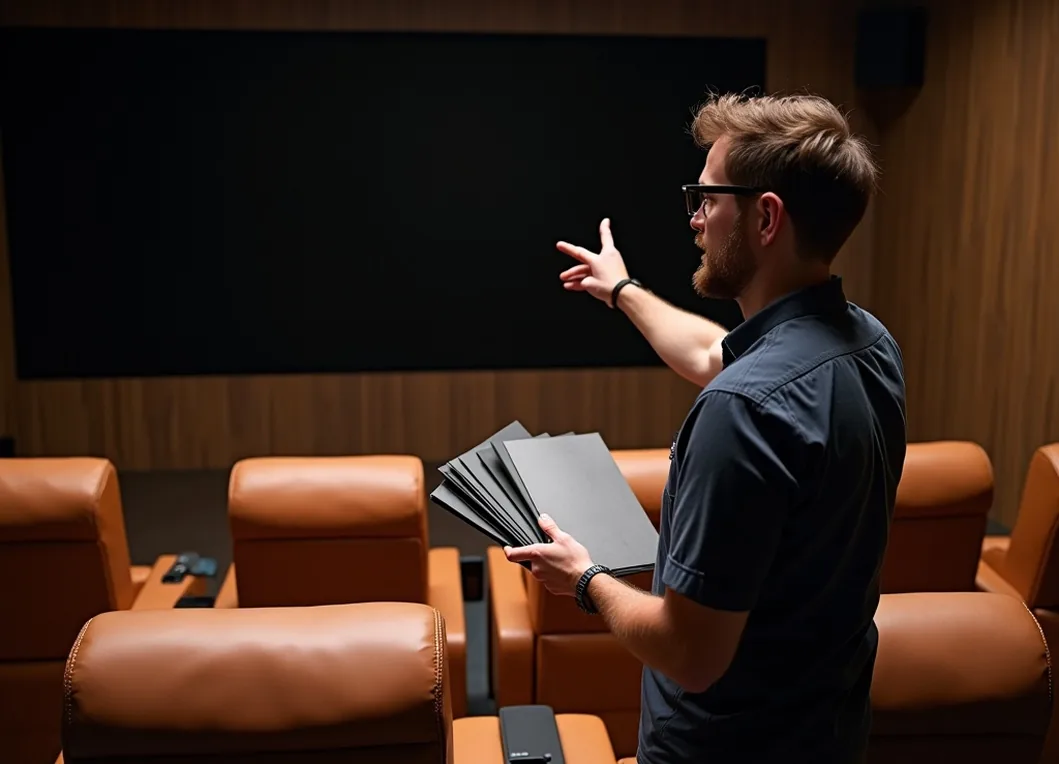 Interior designer gesturing toward a newly installed row of luxury leather recliners in a bright modern room
