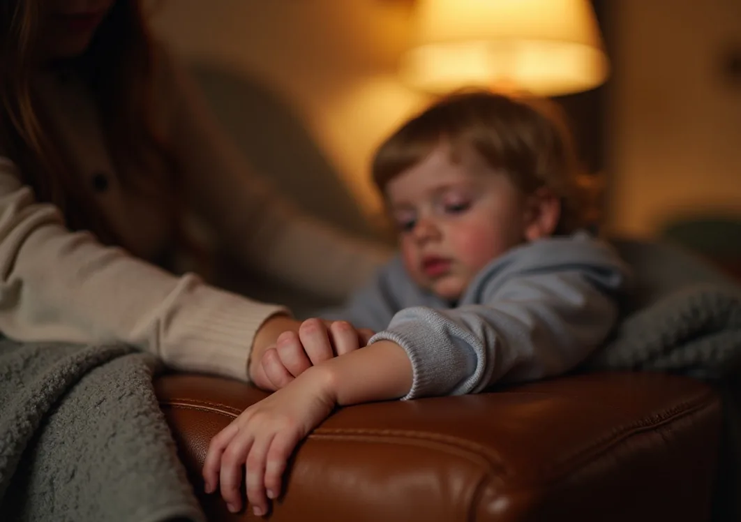 Child's small hand resting on soft cognac leather armrest while a parent arm reaches around