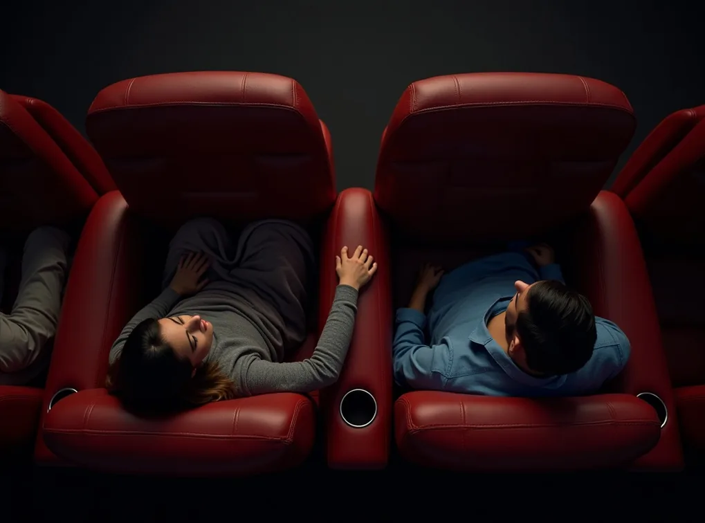 Overhead top-down view of two people holding hands across a central armrest of a two-tone leather lounger