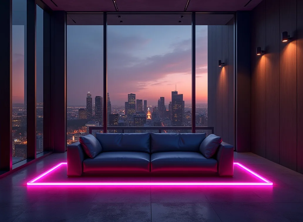 Modern loft at dusk with RGB ambient lighting around a graphite leather recliner