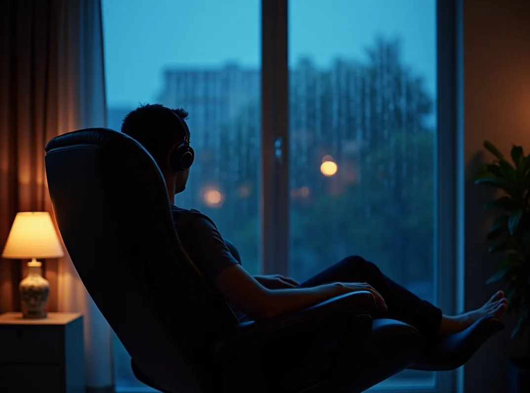 Solo viewer relaxed in a swivel black leather recliner turned toward a rain-streaked window at twilight