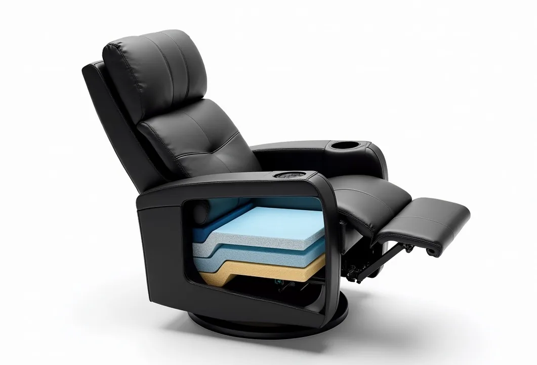 Cross-section cutaway view of a single compact cinema recliner revealing memory foam layering