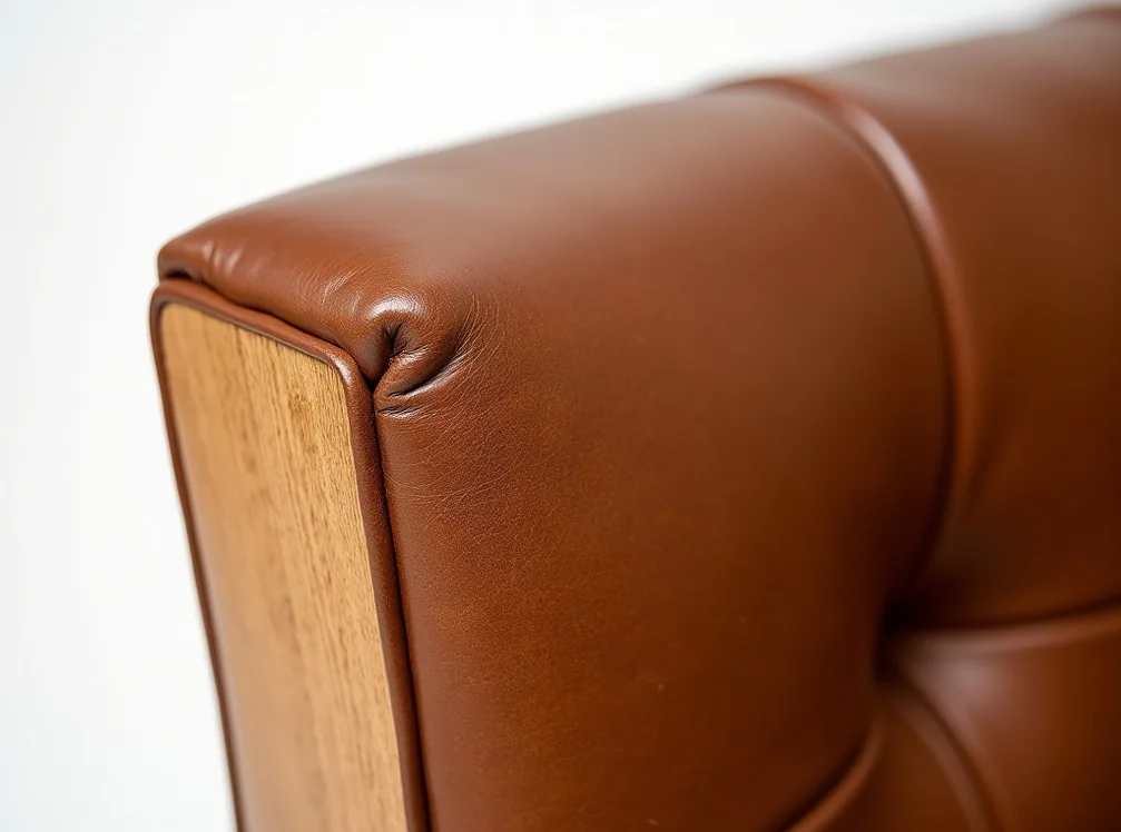 Detail macro of hand-tufted Capitonne button stitching on vegetable-tanned cognac leather