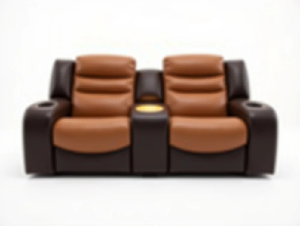 Modular two-seat home theater sofa in two-tone tan and dark brown leather