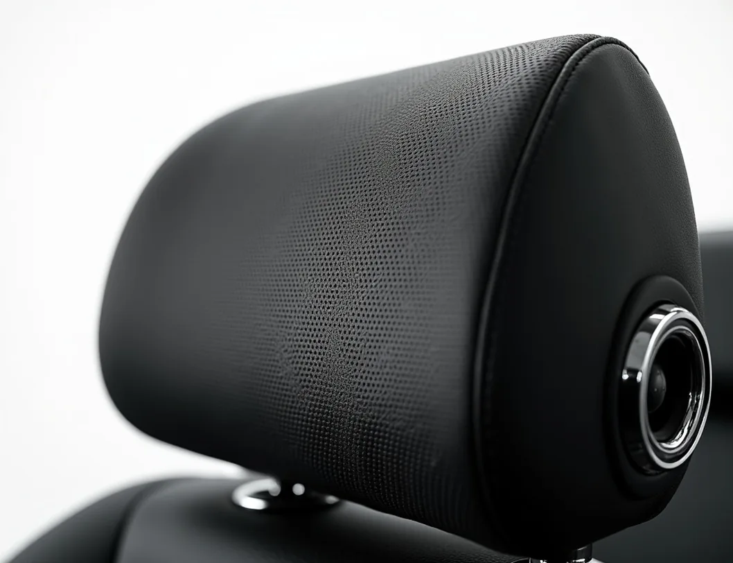 Perforated black nappa leather headrest with two integrated near-field speaker grilles