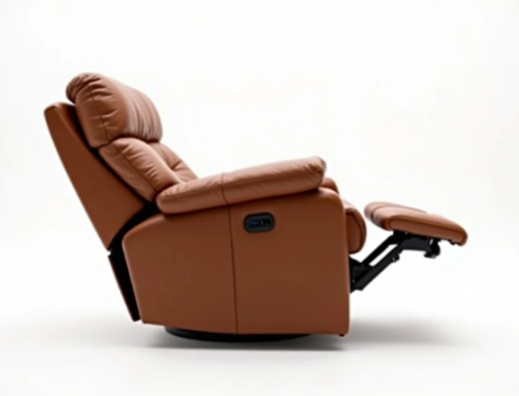 Side profile of an oversize leather recliner in quilted cognac full-grain leather