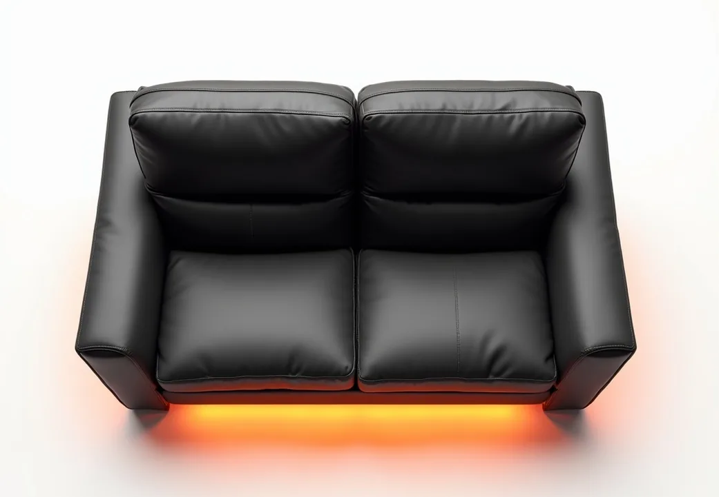 Top-down flat lay of a two-seat leather loveseat recliner in graphite semi-aniline leather