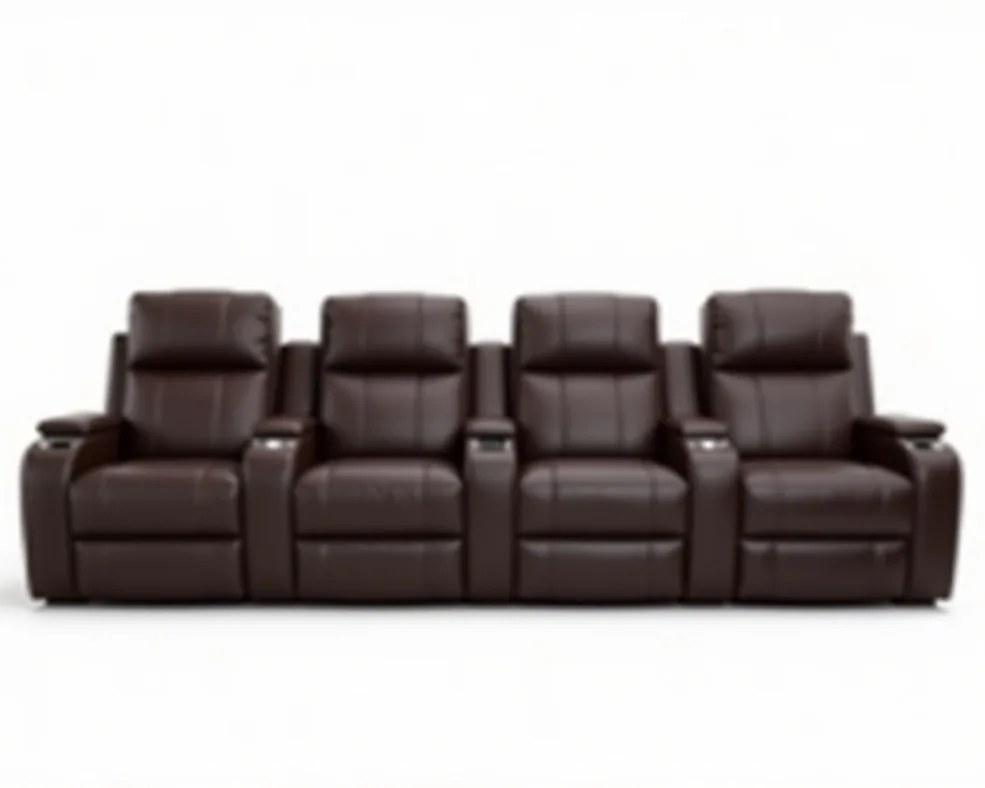 Connected row of four aligned cinema recliners in dark chocolate leather